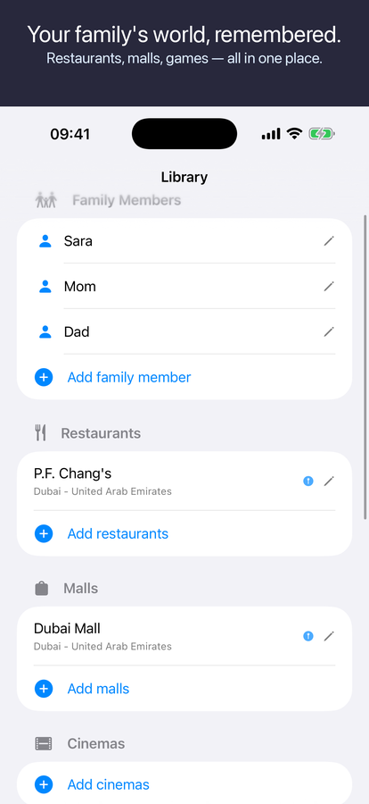 Pip family library listing the restaurants, games and places a family already loves